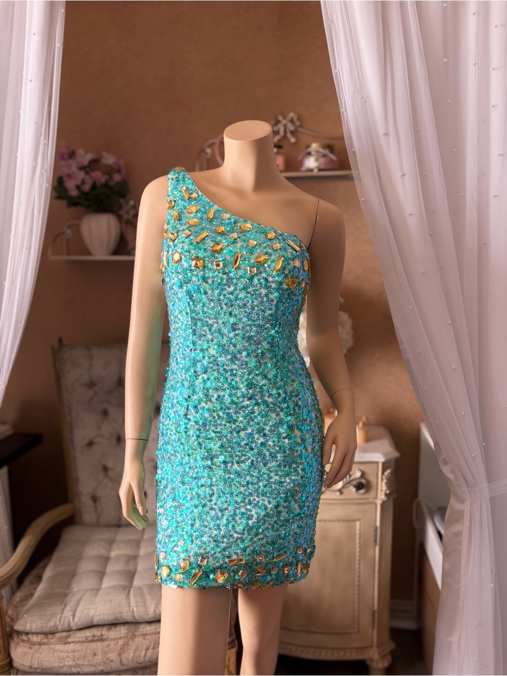 Alyce Paris Aqua Sequin Rhinestone Open Back Mini Dress Size 4